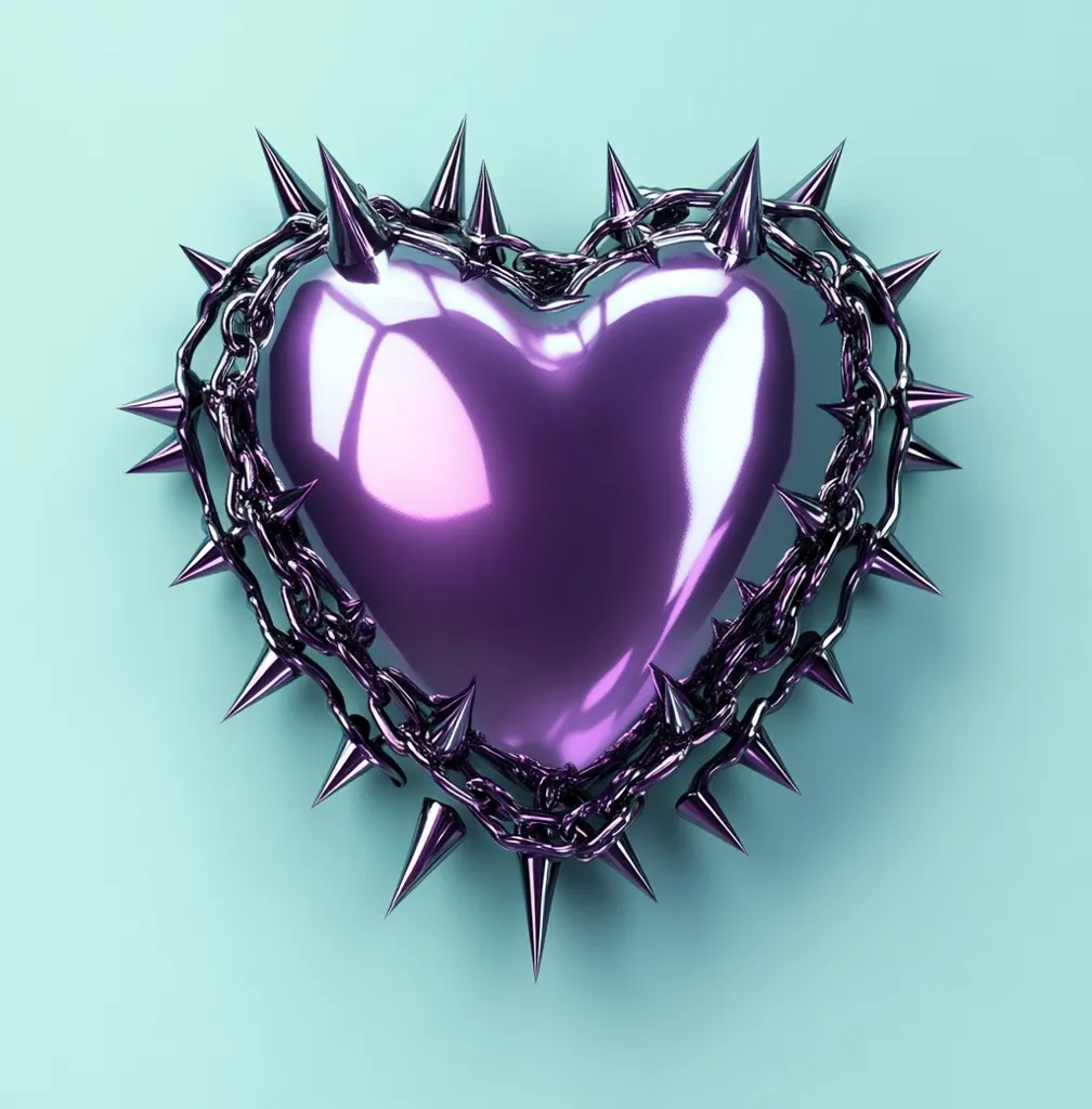 A purple, shiny heart is surrounded by a spiked chain. The chain appears to be metal and has sharp, pointed spikes. The background is a light blue color. The image represents a conflicting message of love and danger. The shiny heart symbolizes love and affection, while the spiked chain represents protection or danger.  The image has a gothic and edgy feel, giving a contrasting aesthetic to the heart shape.