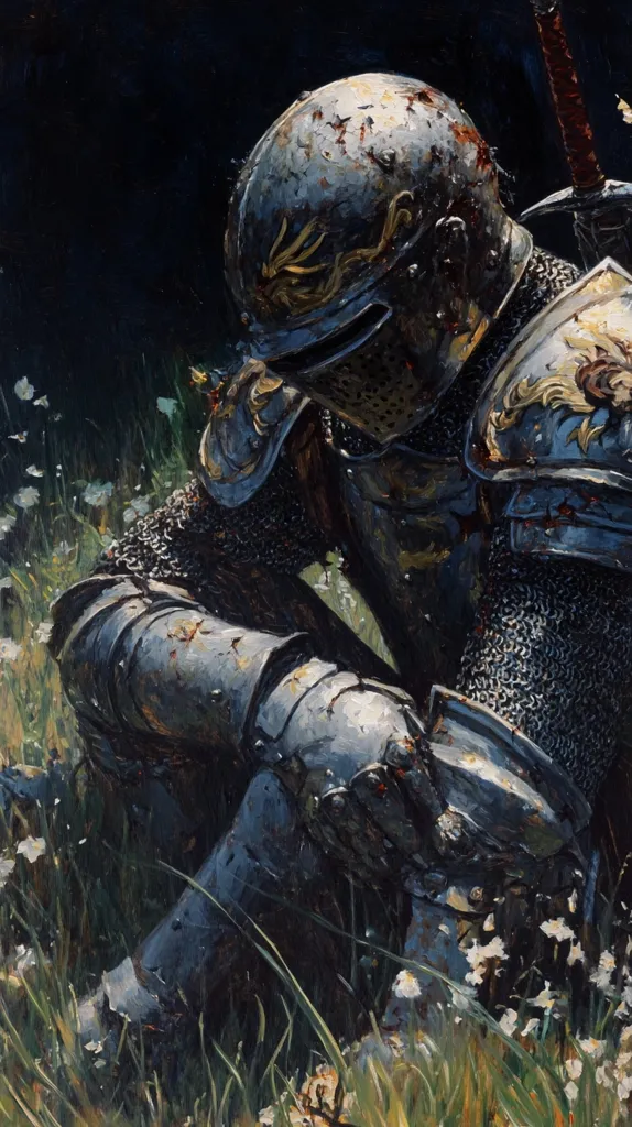 A lone knight in full armor sits in a field of tall grass and white wildflowers. The armor is worn and weathered, with signs of battle. The knight's head is bowed, and his face is obscured by the helmet. He appears to be in deep thought or sorrow.  The image is a poignant depiction of the cost of war and the burdens carried by those who fight.  The contrast between the delicate beauty of the flowers and the hardened warrior creates a sense of melancholy and introspection.