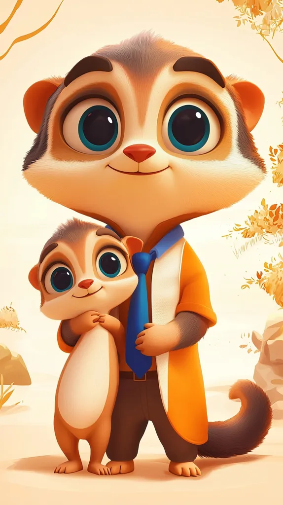 Two cartoon squirrels, one large and one small, stand close together. The larger squirrel is dressed in a smart, orange-and-blue outfit, including a tie. The smaller squirrel is wearing a simple white shirt. The larger squirrel has a friendly expression, while the smaller one looks more shy. Both squirrels have large, expressive eyes. The background is a blurred, autumnal scene, with brown and orange leaves.  They seem to be enjoying a cozy moment together.