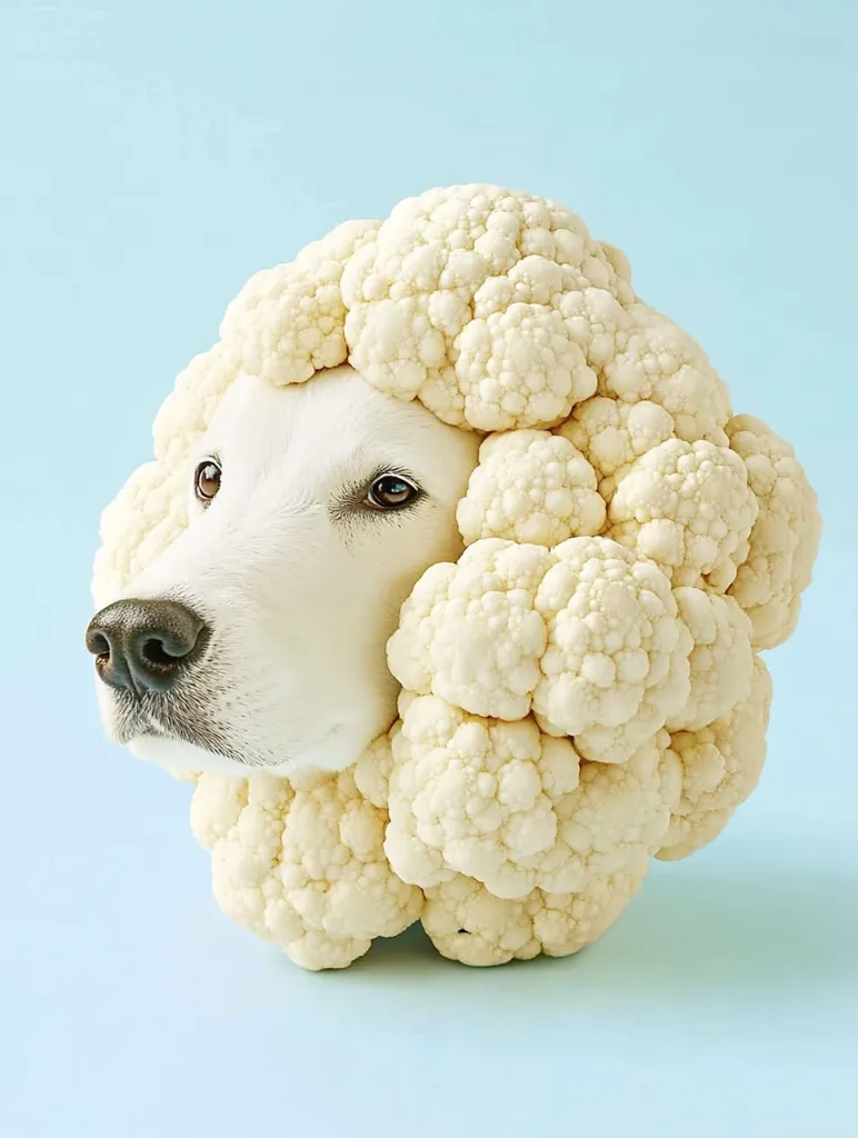 A white dog with a black nose is shown with a large cauliflower covering its head. The cauliflower has been carefully placed to resemble a fluffy mane. The background is a pale blue.  The dog's eyes are visible through the cauliflower, peering out curiously.  The image is a humorous juxtaposition of a dog and a vegetable.