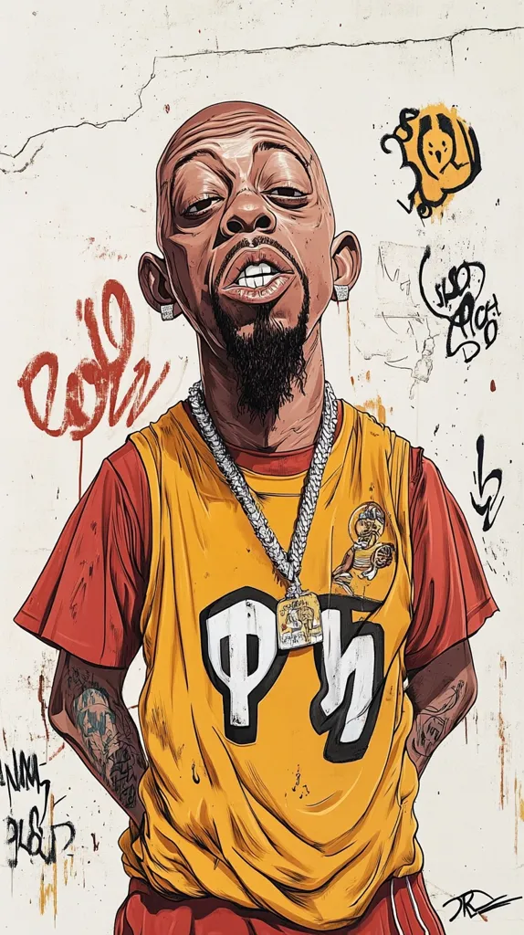 The image is a digital illustration of a man with a goatee and a gold chain. He is wearing a red and yellow shirt with the word "PH" on the front. The background is a white wall with various graffiti tags, including the word "coll" and an image of a bear. The image is a street art-inspired depiction of a man. The detail of the tattoos on his arm and the graffiti in the background make the image more realistic. The man looks confident and bold.