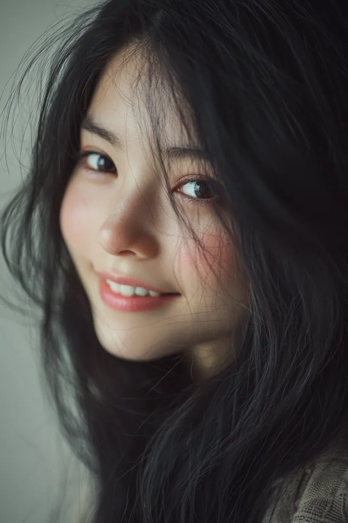 The image shows a young woman with long black hair, looking directly at the camera with a warm smile. Her face is soft and delicate, with rosy cheeks and bright eyes.  Her hair frames her face, casting shadows that create a sense of intimacy and mystery. The overall tone of the image is soft and gentle, conveying a sense of tranquility and beauty.