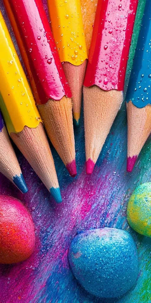 A colorful still life featuring six sharpened colored pencils arranged in a radial pattern, their tips touching a brightly painted surface.  The pencils are yellow, red, and blue, creating a vibrant contrast against the background of  pink, blue, and purple hues.  Two round objects, one pink and one blue, sit beneath the pencils, adding to the playful and artistic nature of the image.  The surface is wet and glistening, adding texture and depth.