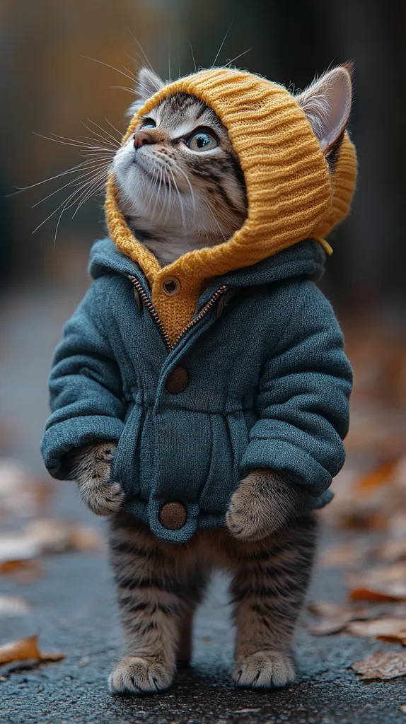 A cute tabby cat is wearing a blue jacket and a yellow knitted hat. It is standing on a paved path with fall leaves on the ground. The cat is looking up with a curious expression on its face. The image is a heartwarming and adorable scene that captures the playful and affectionate nature of cats.