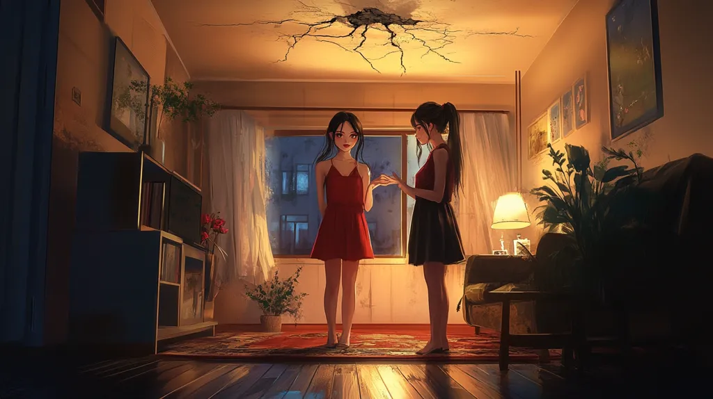 Two anime girls stand in a dimly lit room with a cracked ceiling. The girl in red stares ahead, while the girl in black looks at her with a curious expression. A small lamp casts a warm glow on the wooden floor, and a potted plant stands in the corner. The room is filled with a sense of quiet anticipation, hinting at a secret shared between the two girls.  The scene evokes a feeling of mystery and intrigue, leaving the viewer wondering what will happen next.