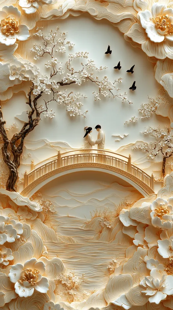 A 3D paper sculpture of a romantic scene featuring a couple standing on an arched bridge adorned with intricately carved flowers and leaves. Birds fly overhead, adding a sense of movement and serenity to the delicate paper art. The artwork is crafted in a warm beige hue, creating a soft and elegant aesthetic.