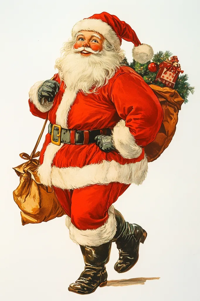 Santa Claus is depicted walking with a bag full of gifts slung over his shoulder.  He's wearing a traditional red suit with white fur trim, a black belt, and black boots. He has a white beard and mustache, and a jolly expression on his face. He's walking with a spring in his step, as if he's eager to deliver presents to all the good children.  The image is in a vintage style, with a slightly faded look.