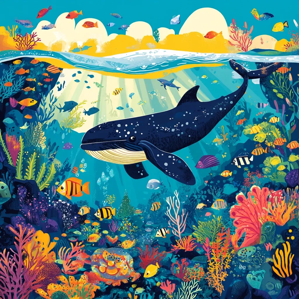 A vibrant underwater scene with a large whale swimming through a coral reef. The water is crystal clear, and the sun shines down, illuminating the colorful fish, sea anemones, and other marine life. The whale has a dark blue body with white spots and a large, open mouth. The reef is teeming with life, and the colors are bright and cheerful.  The entire scene is teeming with life, creating a sense of wonder and beauty.