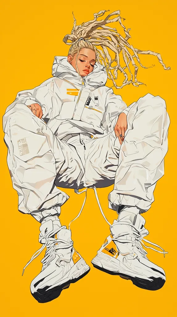 The image depicts a stylized illustration of a young woman with long blonde dreadlocks. She is dressed in a white jumpsuit, with a white jacket layered over it. She is sitting with her legs crossed, her feet in white sneakers. The background is a bright yellow, creating a stark contrast with the white clothing. The artwork has a modern and futuristic feel, with a focus on clean lines and bold colors.  The woman's expression is thoughtful and serene, suggesting a sense of confidence and self-assurance.  The illustration captures a sense of youth and style, with a focus on fashion and urban culture.  The overall effect is visually striking and dynamic, drawing the viewer's eye to the character and their unique style.