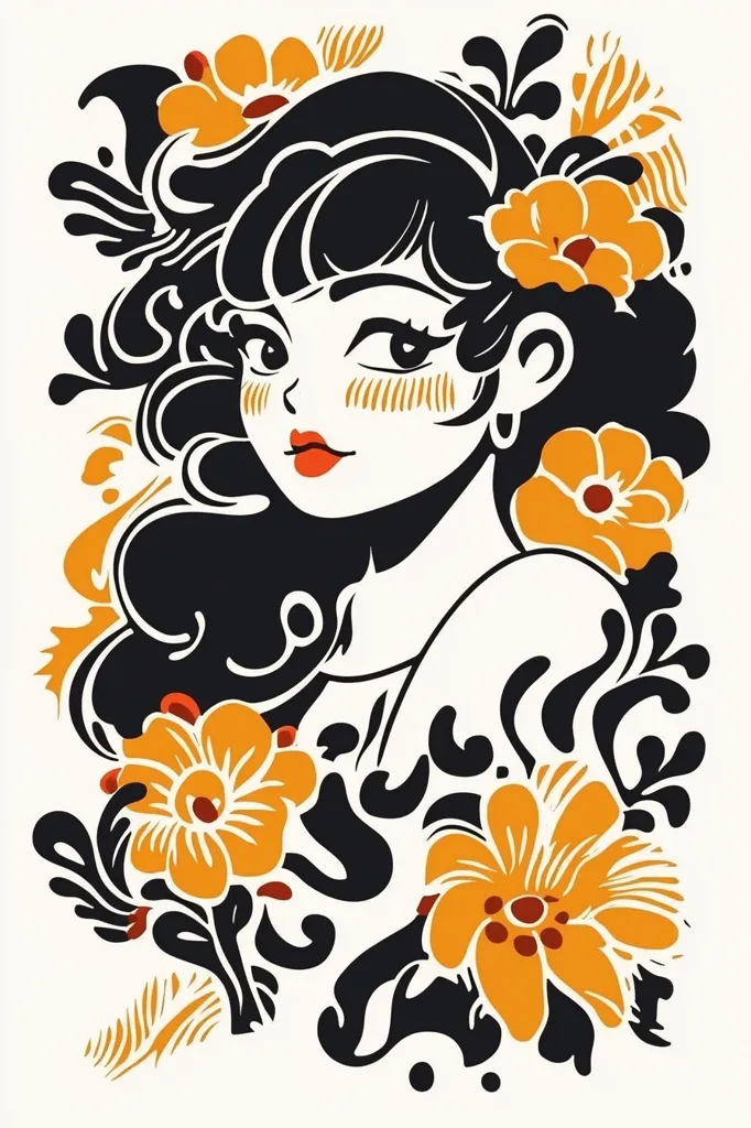 A woman with long black hair and large eyes is depicted in a stylized illustration. She wears a simple dress and is adorned with a floral crown and earrings. Large yellow flowers with intricate details bloom around her, creating a vibrant and decorative scene.  The illustration is done in a bold, minimalist style with strong black outlines.