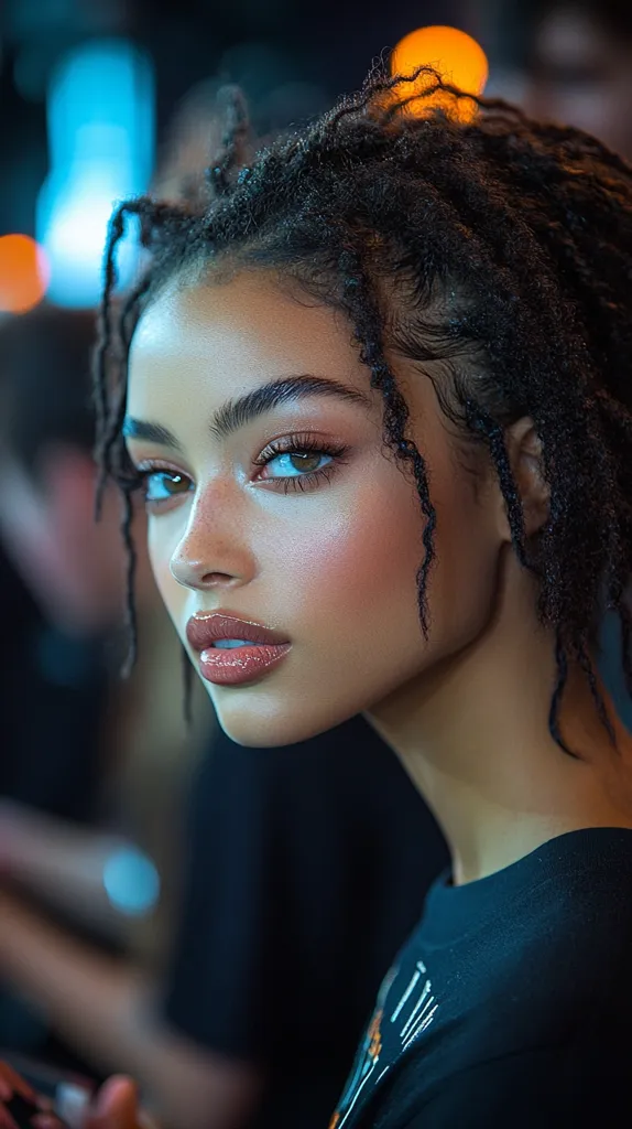 A young woman with dark skin and dark, tightly curled hair looks directly at the camera with a serious expression. Her eyes are large and bright, and she has a defined jawline and full lips. She wears a black shirt and is lit from the side by a soft, warm light. The background is blurred and out of focus, creating a sense of intimacy. The overall feeling of the image is both alluring and mysterious.