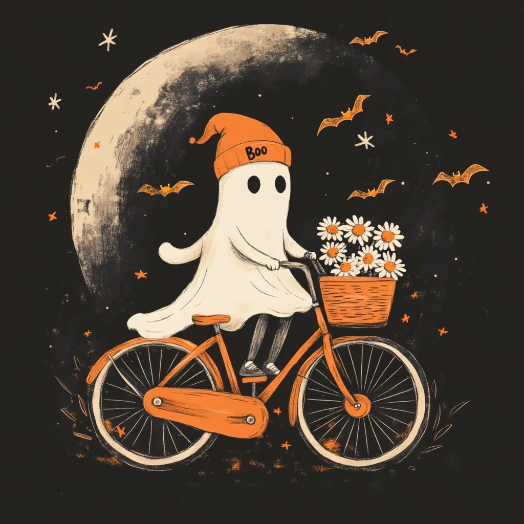 A friendly ghost wearing an orange beanie with the word "BOO" is riding a vintage bicycle with a basket of white daisies. The ghost is riding in front of a large, crescent moon with bats flying around it. The scene is set against a dark, starry night sky.  The image is cute and whimsical, with a touch of spooky Halloween charm.