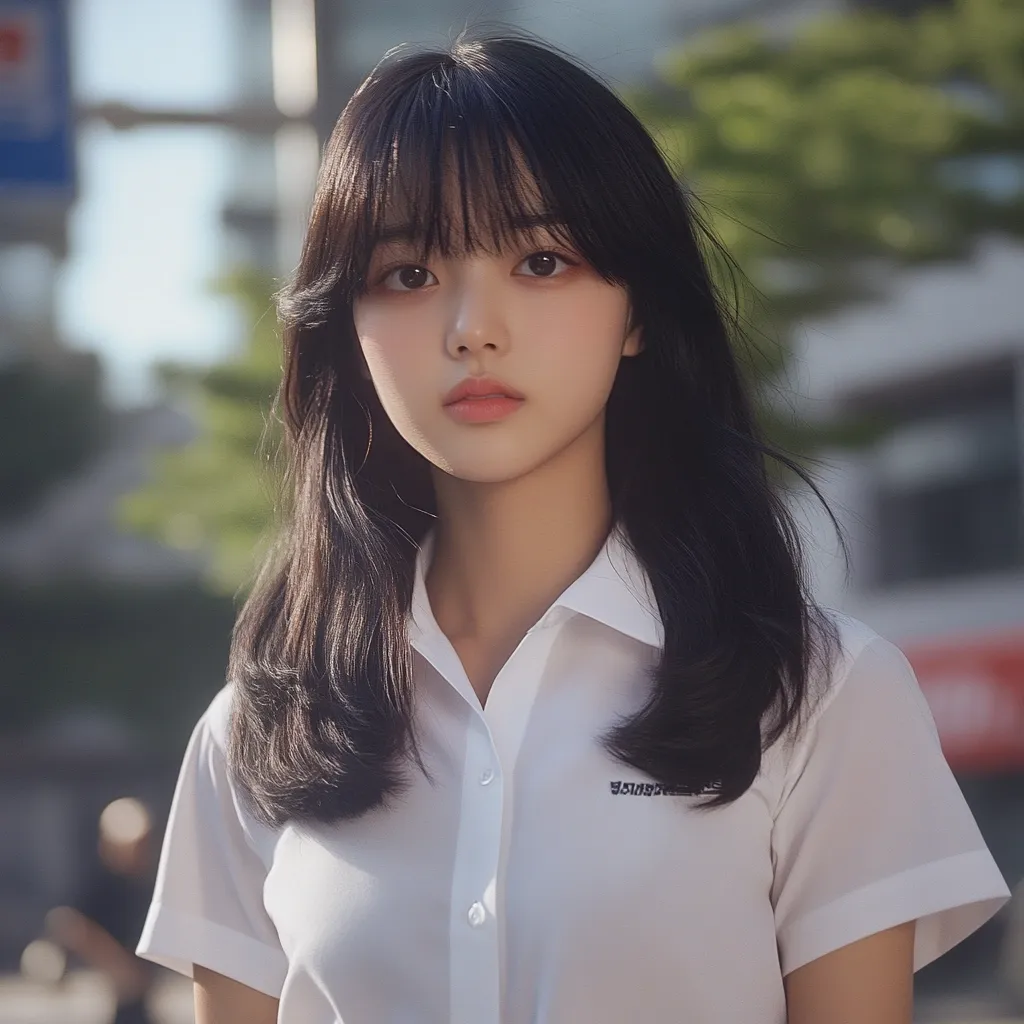 A young woman with long black hair and bangs looks directly at the camera. Her hair is parted in the middle and falls down her shoulders. She is wearing a white collared shirt with short sleeves. The shirt has a small logo on the left side of her chest. The woman is standing in front of a blurred background of buildings and greenery. The light is soft and warm, casting a glow on her skin.  The image captures a moment of quiet contemplation, with the woman's gaze suggesting a sense of calm and focus.
