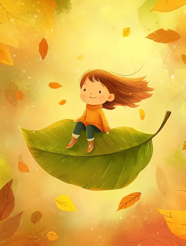 A young girl with long brown hair sits on a large green leaf, which is floating in the air. She wears an orange sweater and blue pants. The background is a soft yellow with many falling autumn leaves. The girl smiles, and her hair blows in the wind. The scene is whimsical and lighthearted, conveying a sense of joy and wonder.