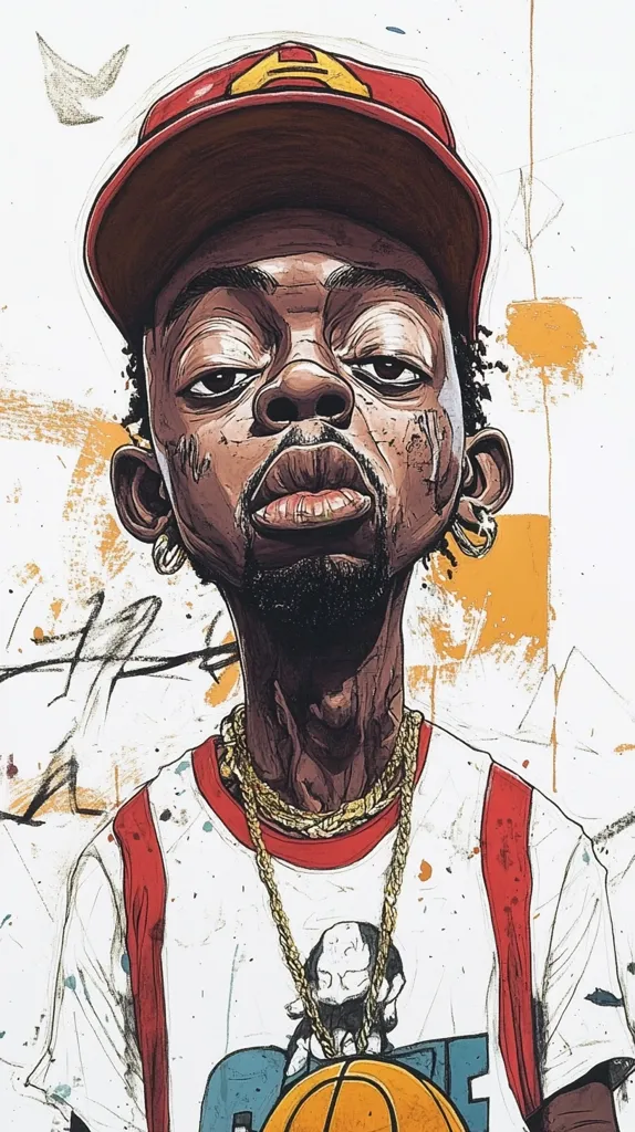 The image is a cartoon illustration of a young Black man wearing a red baseball cap, a white t-shirt with red straps, and a gold chain. His face is exaggerated, and he is looking up. The background is a splatter of light yellow and dark grey. There is a basketball in the bottom of the image. The overall style is cartoonish and playful.