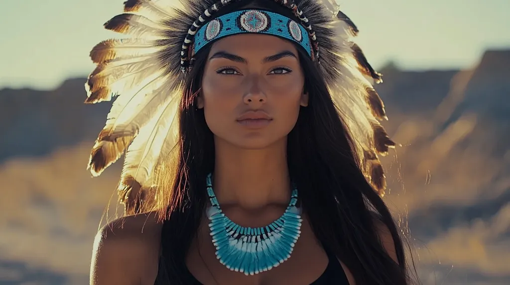 A young woman with long dark hair wears a traditional Native American headdress with feathers. Her face is painted with blue and white accents, and she has a turquoise necklace around her neck. The image has a warm, golden light and a desert backdrop. Her eyes are focused, and her expression is serious and intense. The overall feeling is of strength and determination.