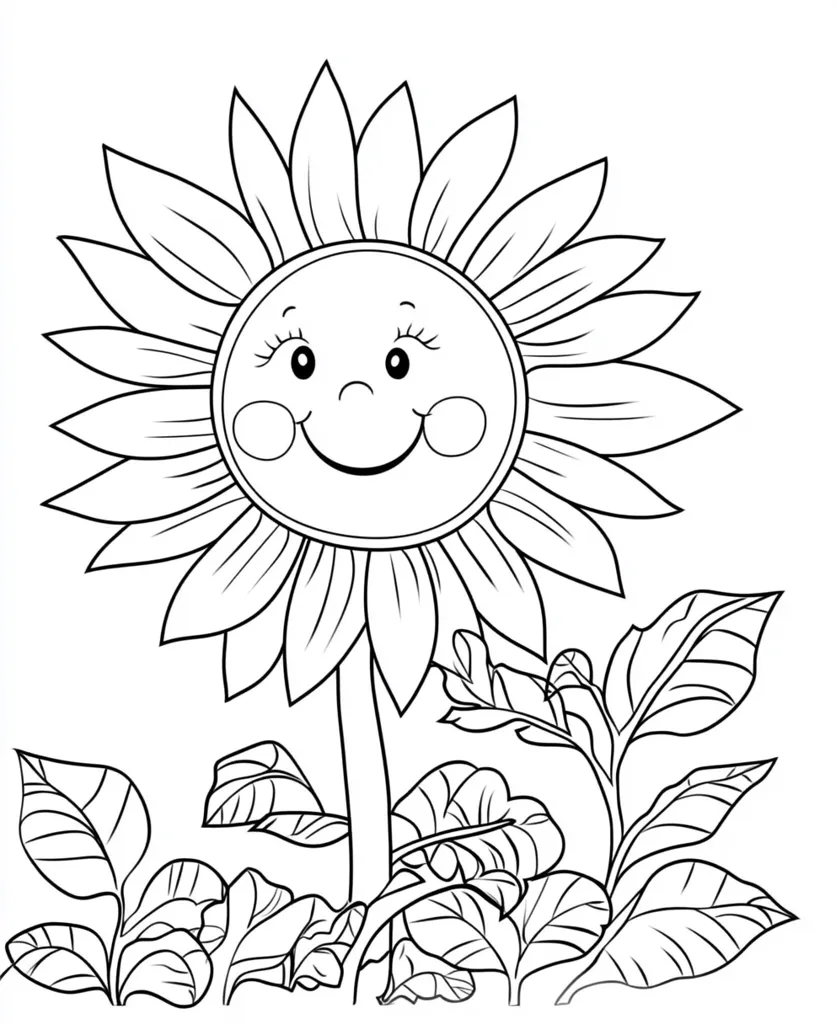 The image is a black and white line drawing of a smiling sunflower with a large, round face and petals that radiate outward.  The sunflower is depicted with a long, thin stem and is surrounded by smaller leaves. The drawing is simple and stylized, with a focus on the whimsical expression of the sunflower. It is likely meant to be a coloring page for children, with large, easily colored shapes.