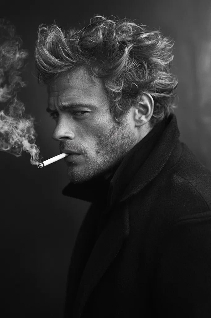 A man with tousled hair is photographed in black and white, his face partially obscured by shadows. He wears a dark coat and stares intensely into the distance, a cigarette held loosely in his lips. Smoke curls gently from the end of the cigarette, creating a hazy atmosphere. His gaze is serious, and his expression is unreadable. The background is a blur of darkness, adding to the mood of mystery and intrigue.