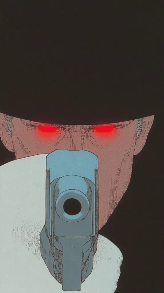 The image depicts a close-up of a man's face, with a gun in his hand. His eyes are glowing red, and he is looking directly at the viewer. The image is rendered in a minimalist style, with a focus on the man's menacing gaze and the presence of the gun. It conveys a sense of danger and intensity.
