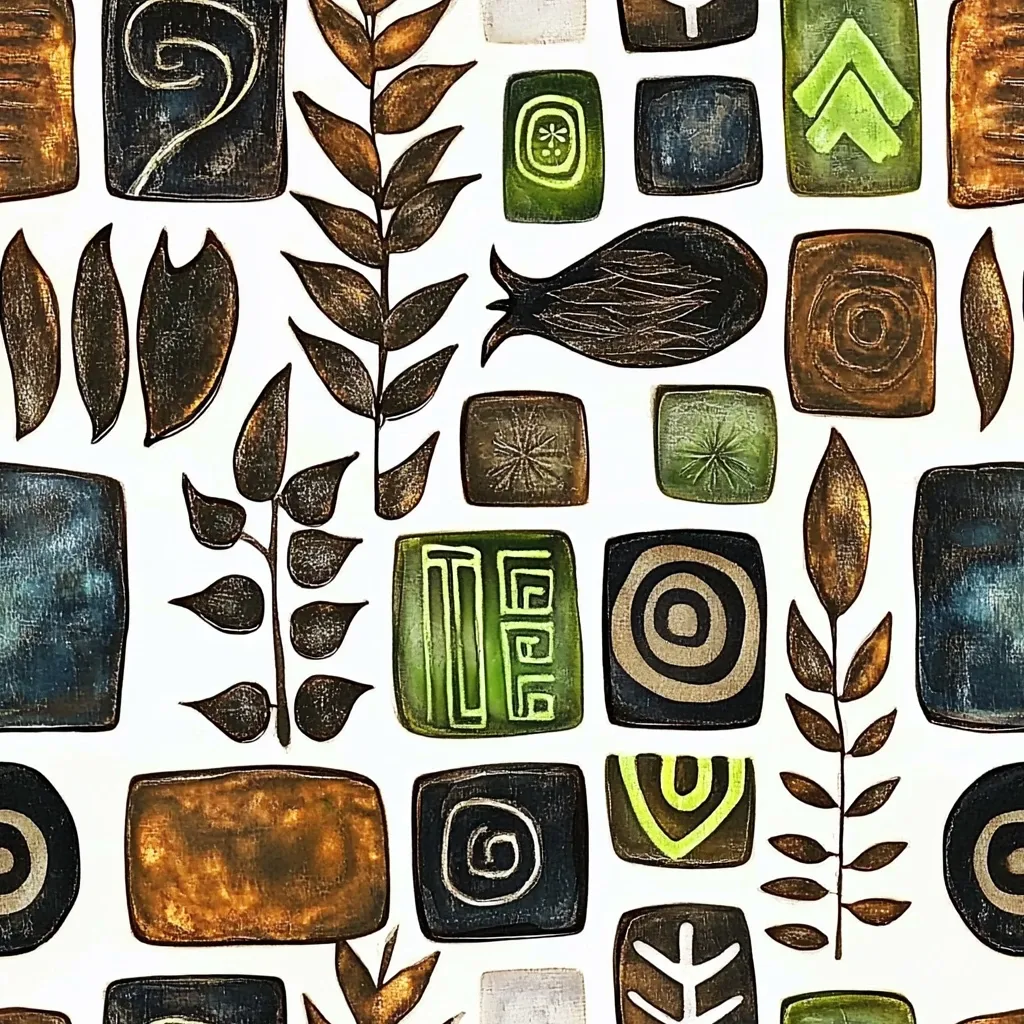 The image is a seamless pattern of abstract shapes and designs on a white background. The shapes are mostly squares and rectangles with various geometric patterns and swirling motifs. The color palette is earthy and muted, with shades of brown, green, blue, and gray. The overall effect is a modern and stylish design with a subtle organic feel.  There are also some stylized leaves and branches, adding a touch of nature to the pattern.