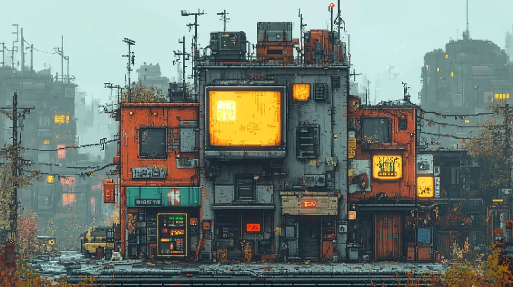 The image depicts a pixelated cityscape with a retro-futuristic aesthetic. The buildings are tall and narrow, with intricate details and a mix of industrial and residential structures. A large, brightly lit display screen dominates the center of the scene, illuminating the surrounding cityscape. The muted colors and pixelated style create a sense of both nostalgia and a futuristic world. The overall atmosphere is one of urban decay and a sense of mystery.  The image is a captivating blend of pixel art and a retro-futuristic world, showcasing a unique and intriguing cityscape.