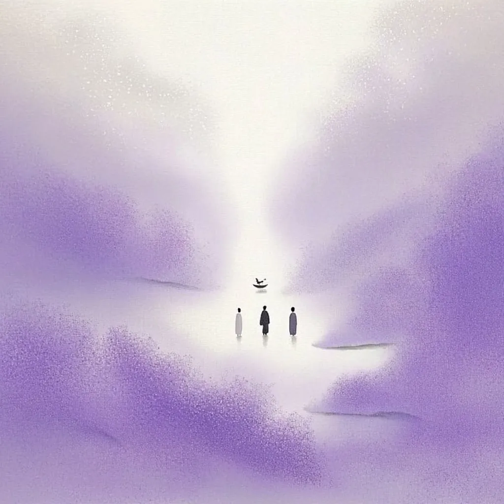 The image is a minimalist painting depicting a serene landscape. It features a hazy, purple-toned background, likely representing a field of flowers or a misty morning.  Four figures, silhouetted in black, stand in a line, gazing towards a small bird perched on a rock in the distance. The composition is simple yet evocative, suggesting a sense of peace and contemplation. The soft, muted colors and the figures' stillness create a tranquil atmosphere.