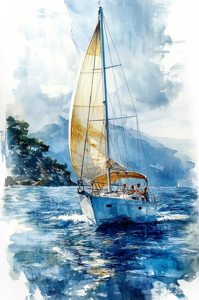 A watercolor painting depicts a sailboat with a white sail, moving through the blue water. The boat is filled with passengers who are enjoying the view. In the background, there are a few trees and a mountain range. The sky is a light blue with fluffy white clouds.