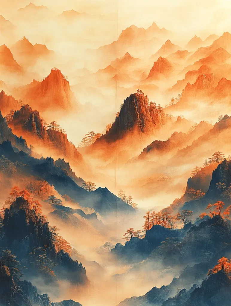 A serene landscape painting depicts a misty mountain range bathed in a warm, golden light. The rolling hills are shrouded in a soft, ethereal mist, creating a sense of mystery and tranquility.  Sparse, dark green trees dot the slopes, adding depth and texture to the scene.  The painting evokes a sense of peace and isolation, transporting the viewer to a tranquil, timeless place.