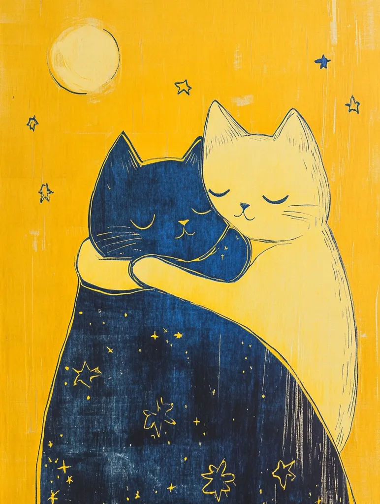 A black cat with its eyes closed is hugging a white cat in a tight embrace. The cats are against a yellow background with a yellow moon and stars. The black cat's body is covered in stars, creating a night sky effect. The image is a simple yet sweet depiction of friendship and love.