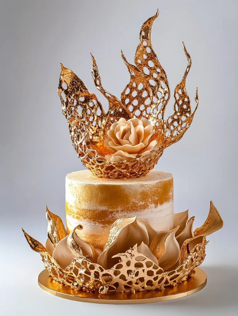 A two-tiered cake is adorned with intricate golden lacework. The top tier is topped with a delicate, off-white rose. The bottom tier is surrounded by a golden lotus-shaped design, adding a touch of elegance to this exquisite dessert.  The cake's simplicity is enhanced by the bold and beautiful gold details.