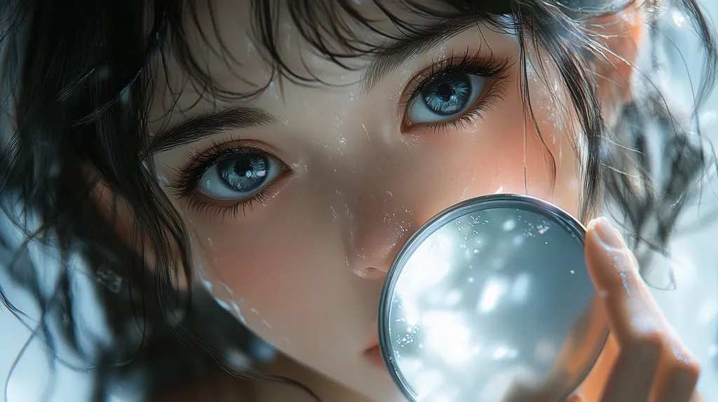 The image shows a close-up of a young woman's face. Her dark hair is wet and falls around her face, which is partially obscured by a hand holding a round mirror. The woman's eyes are large and blue, and her skin appears to be dewy. The reflection in the mirror is blurry, but it appears to show the woman's face. The image is likely to be a digital painting or illustration, as the details and colors are very smooth and realistic.