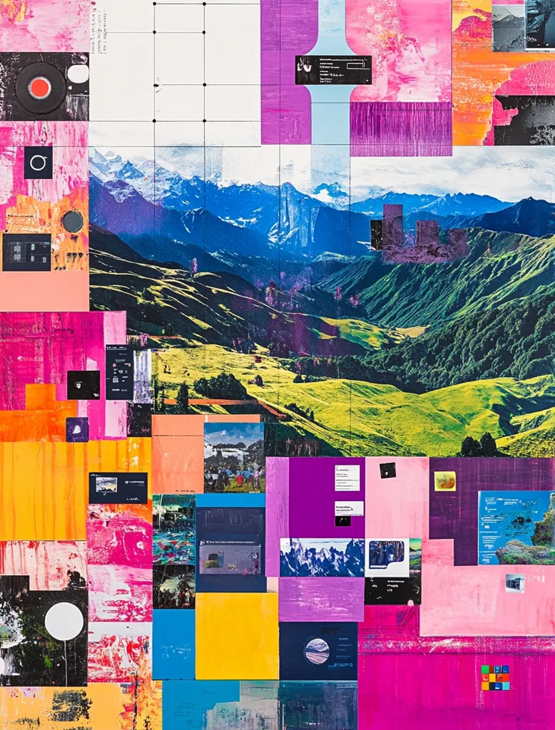 The image is a collage of various shapes and colors. A large, central section features a picturesque mountain range and rolling green hills. The surrounding areas are filled with colorful squares and rectangles, creating a geometric pattern. There are also some abstract shapes and images, including a red circle with a white center, a white circle, and a few black squares. The image is a vibrant and dynamic composition that captures the beauty of nature and the creative potential of collage.