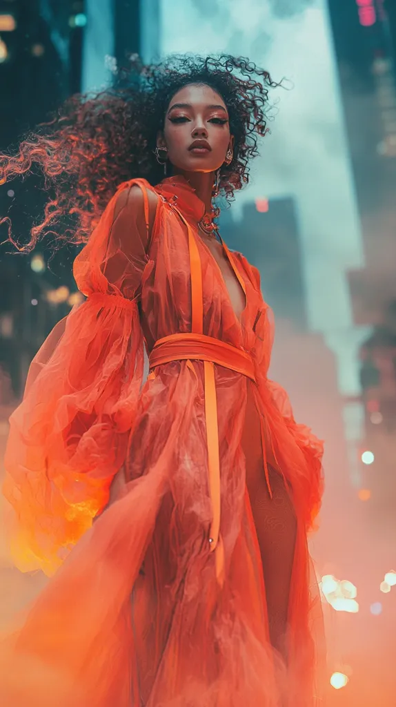 A young woman with long curly dark hair wears a bright orange sheer dress with an orange belt. She has dark eyes, full lips and a confident expression. Her dress billows around her as she stands in a city street with a blurry background. The image has a dreamy, ethereal feel.