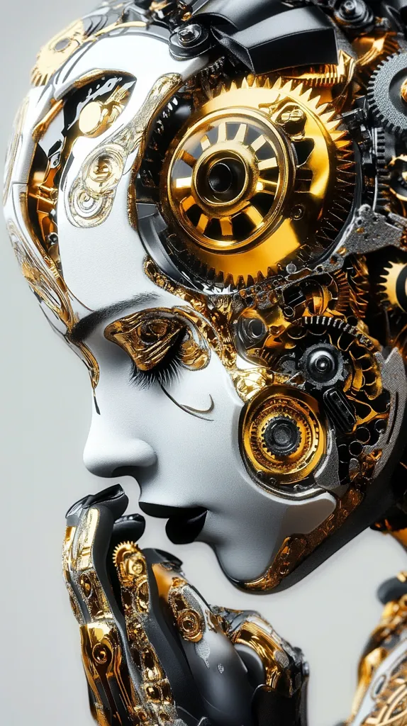A robotic figure with a white face and gold and black metallic features. The figure's head is made up of intricate gears and cogs, with a large golden gear in the center. The figure's hands are also robotic, with intricate details. The image has a futuristic and somewhat eerie aesthetic.  It evokes a sense of wonder and curiosity, and the figure's thoughtful pose suggests a depth of intelligence and emotion.