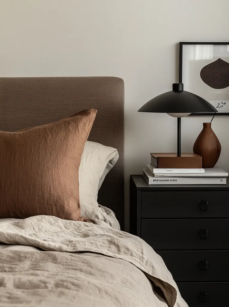 A cozy bedroom with a bed made with linen sheets and a brown throw pillow. A black bedside table with drawers holds books and a black lamp with a wide shade. A framed abstract print hangs above the lamp. The scene is minimalist and inviting.  The light from the lamp casts a warm glow over the room.  The overall tone is tranquil and calming.
