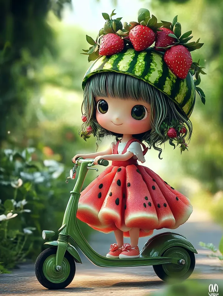 A cute cartoon doll with a watermelon hat and dress rides a green scooter in a lush green garden. The doll has large eyes, a sweet smile and a fluffy green bob. The watermelon is a bright red color with black seeds. The scooter has a bell on the handlebars.  The image is whimsical and charming.