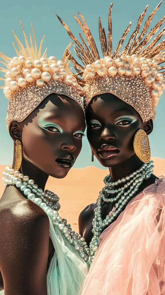 Two Black women are wearing elaborate headpieces with gold and pearl embellishments and large gold earrings. The woman on the left wears a turquoise scarf and necklace while the woman on the right wears a pink scarf and necklace. They both have dramatic, colorful eye makeup and are staring directly at the viewer. The image is lit in a soft, dreamy way.