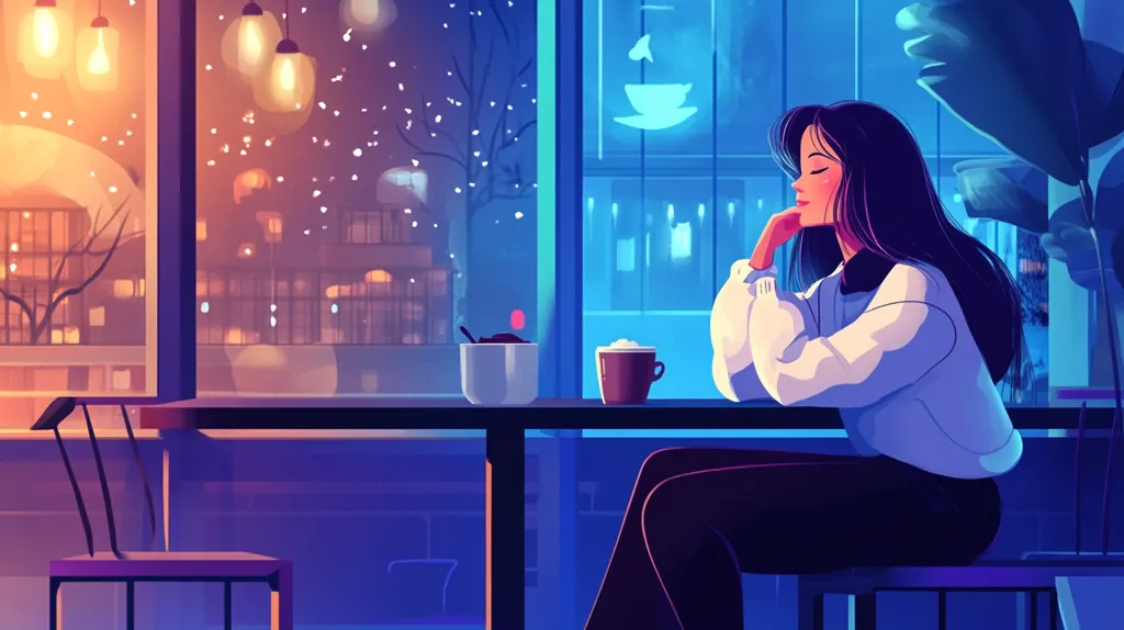 The image depicts a woman sitting alone at a table in a cafe. She is wearing a white sweater and black pants. She is gazing out the window, which shows a cityscape with snowfall. There is a cup of coffee and a small dish on the table. The image is set in a cozy and dimly lit atmosphere. The warm colors of the interior lighting contrast with the cool blues of the evening cityscape outside, creating a sense of calm and contemplation.  The overall feel of the image is one of solitude and reflection.