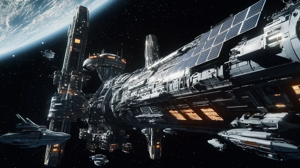 A massive spaceship, with a long, cylindrical hull and numerous smaller modules, is docked to a large space station. The station is comprised of several interconnected modules, with a large, cylindrical tower at its center. The spaceship is equipped with solar panels and multiple hatches. The image is set against the backdrop of a distant planet and a starry sky. The scene is suggestive of a future where humanity has established a permanent presence in space.