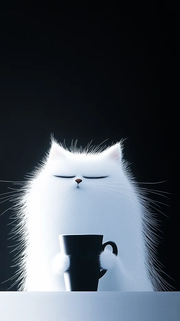 A fluffy white cat with its eyes closed, is holding a black mug in front of a black background. The cat is sitting on a white surface. The mug is partially hidden behind the cat's fur. The scene is simple and minimalist, with a focus on the cat and the mug. The cat's relaxed posture and the simple background create a serene and peaceful atmosphere.