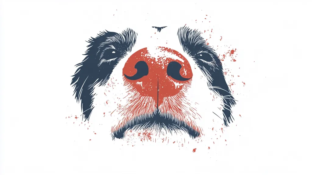 The image is a close-up of a dog's face. The dog has black and white fur, with a large, red nose. The image is stylized, with a grunge-like effect, and the dog's eyes are closed. There is a white background with red and blue splatters. The image is a portrait of the dog's face, focusing on its nose.  The dog looks friendly and approachable.