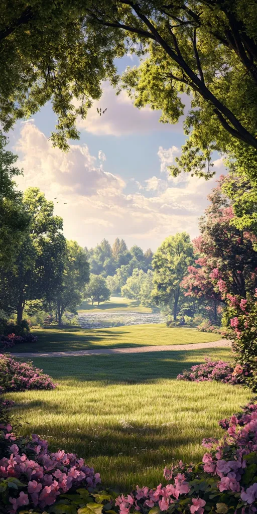 A serene landscape with a lush green meadow, dotted with pink flowers, framed by a canopy of trees.  The meadow leads towards a distant river and a forest beyond, with a hint of a cloudy sky overhead.  The scene evokes a sense of tranquility and natural beauty.