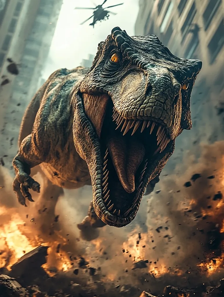 A large, fierce dinosaur with sharp teeth and a menacing expression is charging towards the viewer. The dinosaur is in the midst of a chaotic scene with debris and fire surrounding it. The dinosaur is running towards the camera, its mouth agape, and its yellow eyes staring menacingly. The scene is set against a backdrop of a city in ruins, with a helicopter flying overhead. The image evokes a sense of danger and chaos.
