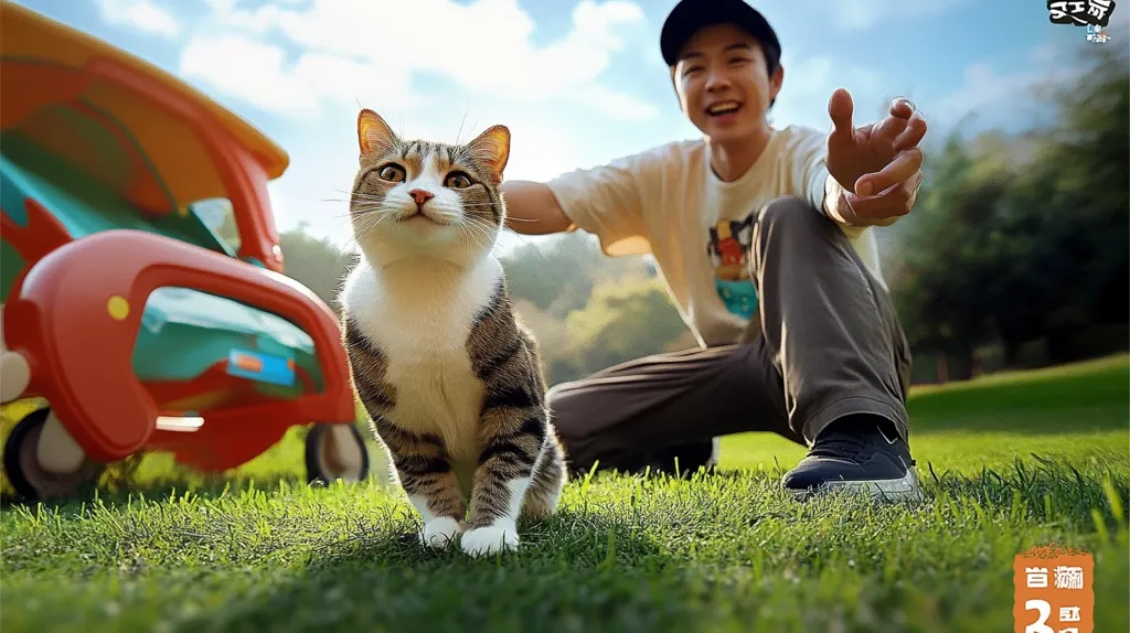 A young man in a white t-shirt and a black cap is crouching on a green grassy field. He is smiling and reaching out his hand towards a tabby cat with white markings. The cat is looking up at the man, with a curious expression. There is a red and blue toy stroller in the background. The scene is filled with joy and playful energy.