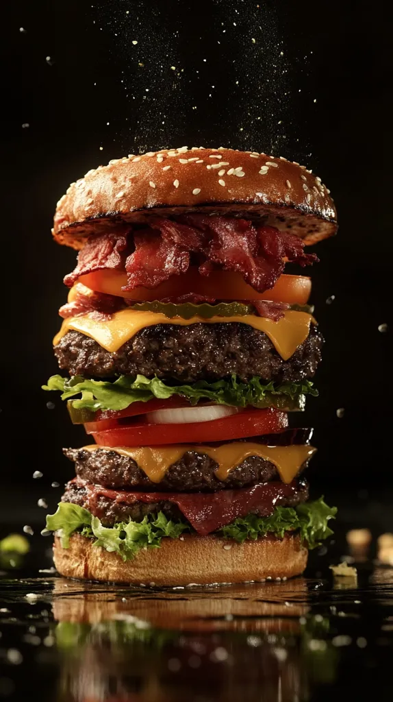 A large, double-pattied burger is stacked high with toppings like melted cheese, crisp lettuce, juicy tomatoes, and savory bacon. It rests on a dark, reflective surface, with a few sprinkles of seasoning falling around it. The burger looks incredibly delicious and satisfying, highlighting the perfect balance of flavors and textures.