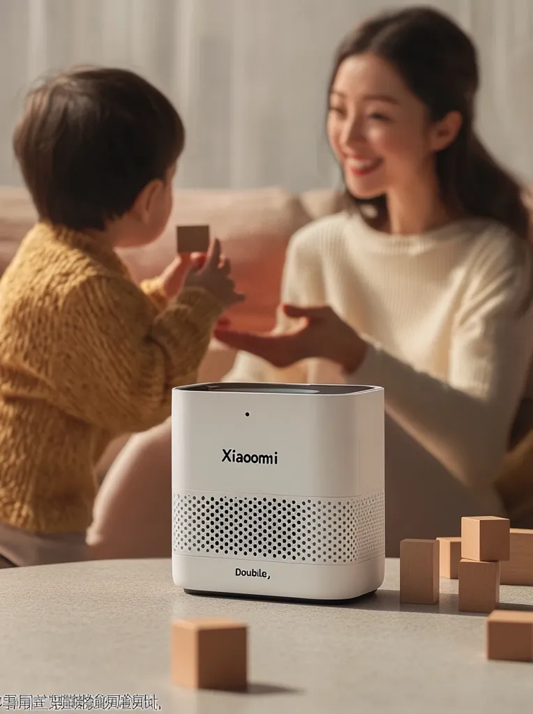 A white Xiaomi air purifier sits on a table in front of a woman and a young child. The woman is smiling and appears to be talking to the child. The air purifier is a modern design with a black top and a white body with a grid-like air filter. It has a small black dot on the top. There are a few wooden blocks scattered around the air purifier.  The air purifier is placed in a bright, well-lit room.  It is a clean and modern environment.