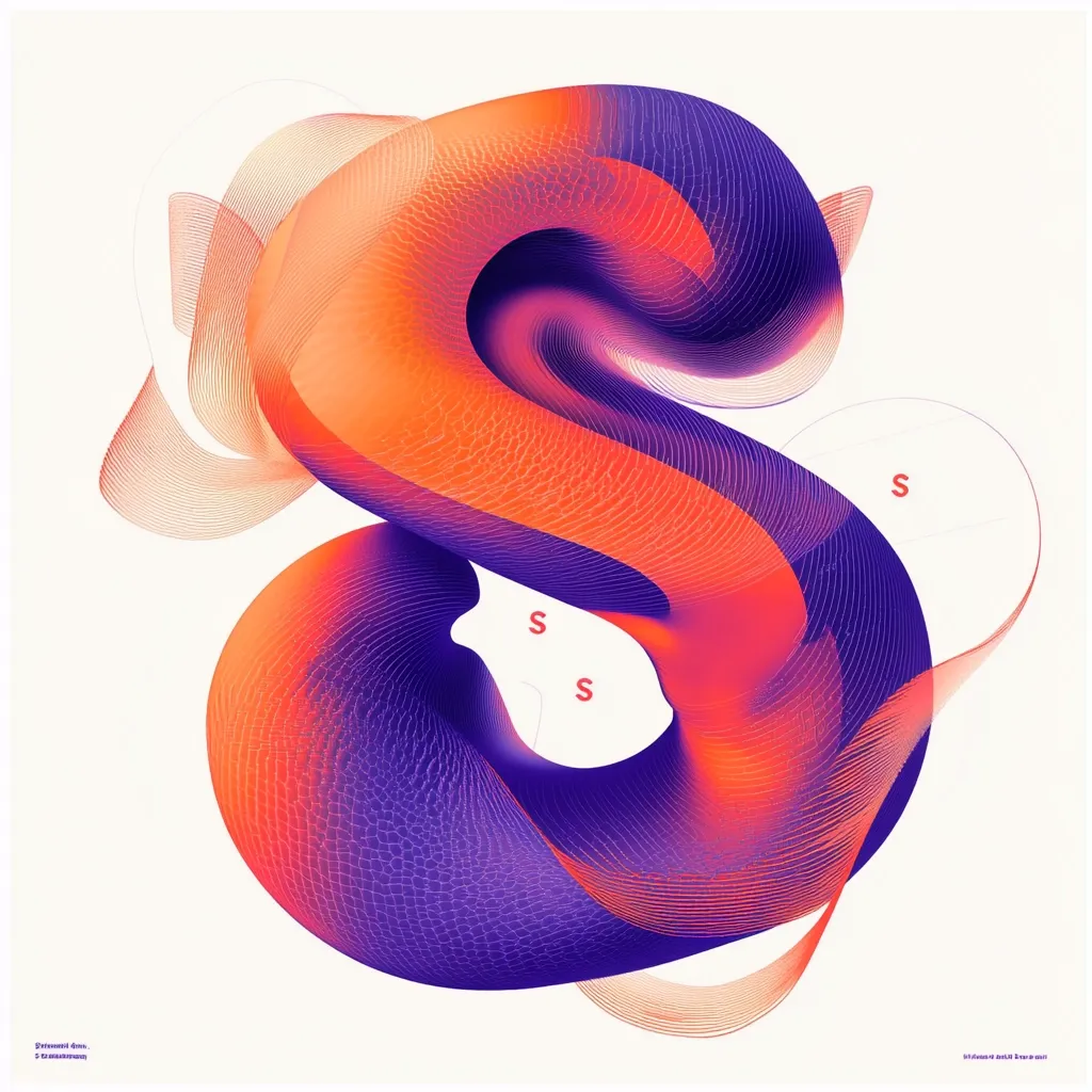 The image features a vibrant, abstract design of the letter "S" rendered in a 3D style. It is a blend of orange and purple hues, creating a dynamic and eye-catching shape. The "S" is formed by intertwining lines that create a sense of depth and texture. The background is a simple white, allowing the design to be the focal point.