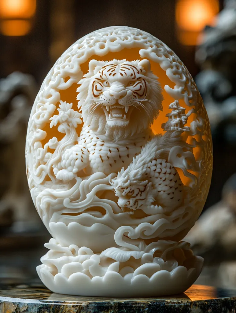 A meticulously carved egg, likely from ivory, depicts a white tiger in a detailed and intricate design. The tiger's fierce expression and intricate stripes are meticulously carved. The background of the egg is filled with swirling clouds, delicate floral designs, and a small pagoda, enhancing the intricate nature of the artwork. The craftsmanship is exquisite, showcasing the artist's skill and the beauty of this traditional art form.  The overall effect is both stunning and captivating.