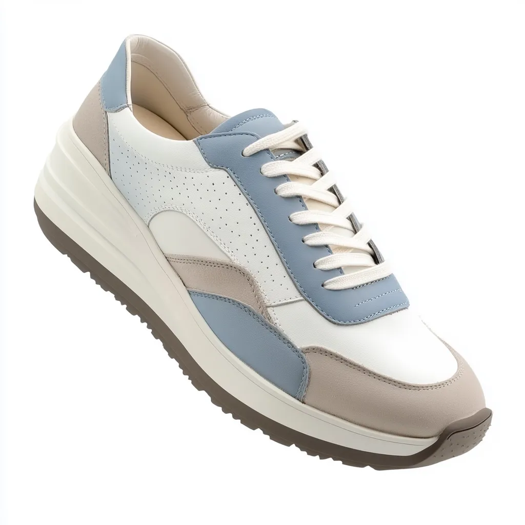 The image shows a white leather sneaker with a chunky white sole. The sneaker has a light blue panel on the side, a beige suede panel on the back, and white laces. It's a casual, comfortable-looking shoe with a slightly elevated platform. The sneaker is photographed from an angled perspective, capturing its unique design details.