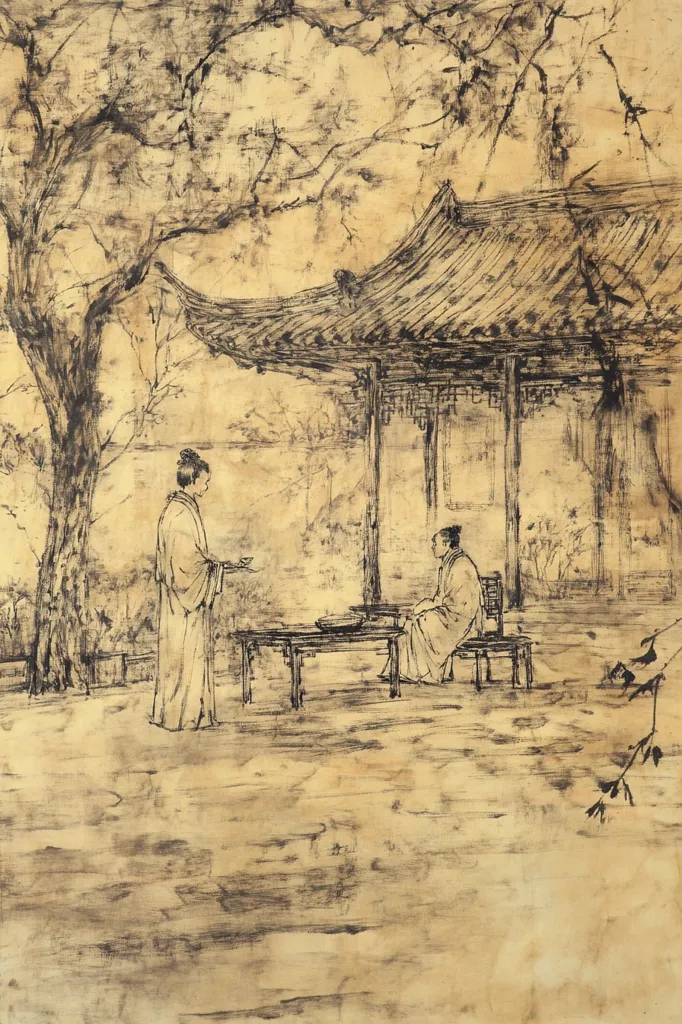 The image depicts a scene of two figures in a traditional Chinese garden. A woman stands in the foreground, facing another figure seated at a table, likely engaged in conversation. The setting is a serene, open-air space with a large tree casting shade. In the background is a simple, open-sided pavilion. The artwork is rendered in a minimalist, brushstroke style common in traditional Chinese art, emphasizing the beauty of simplicity and natural forms. The pale background suggests a setting bathed in gentle sunlight.